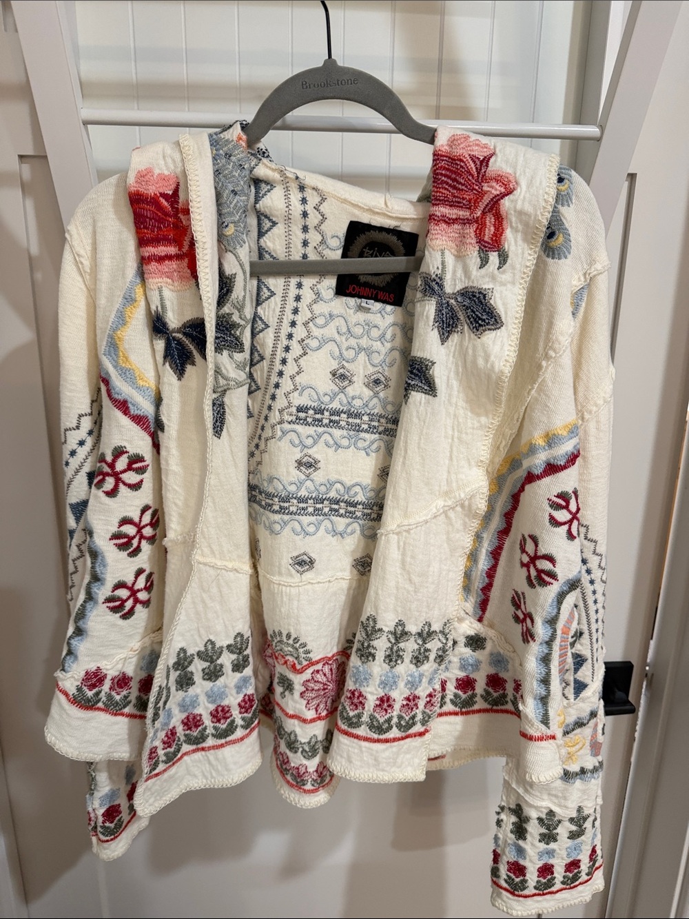 Johnny Was Cream Hooded Cardigan with Multicolor Floral Embroidery